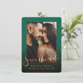 Emerald Green Gold Script & Marble Foto Overlay Save The Date (Stehend Vorderseite)