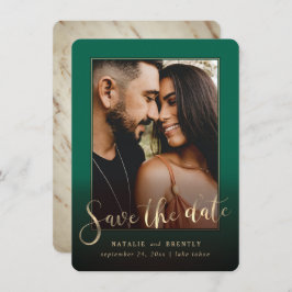 Emerald Green Gold Script & Marble Foto Overlay Save The Date