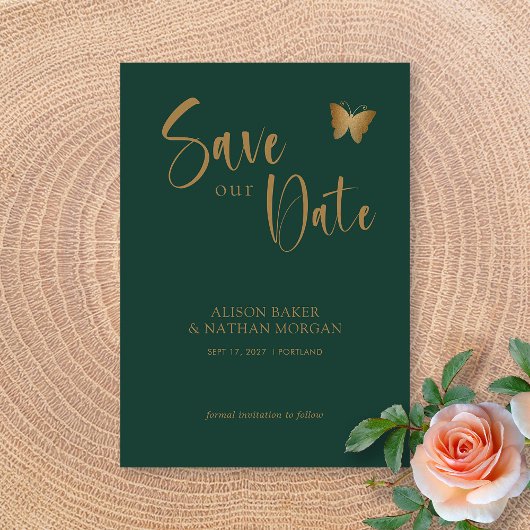 Emerald Green & Gold Script mit Glitzer Butterfly Save The Date