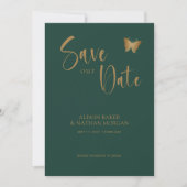 Emerald Green & Gold Script mit Glitzer Butterfly Save The Date (Vorderseite)