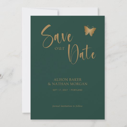Emerald Green & Gold Script mit Glitzer Butterfly Save The Date (Vorderseite)