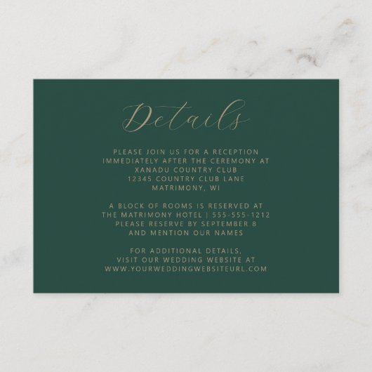 Emerald Green Gold Script Wedding Begleitkarte (Vorderseite)