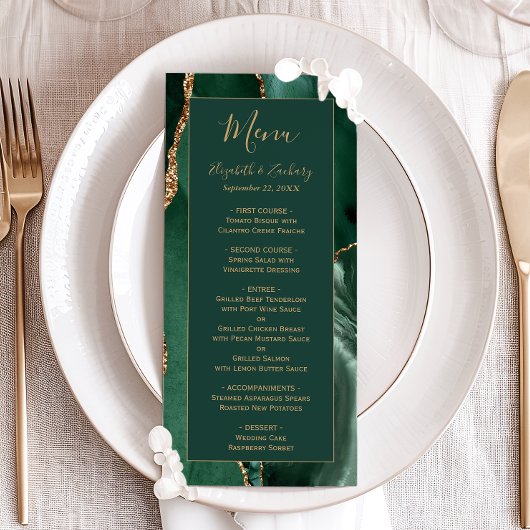 Emerald Green Gold Script Wedding Menu Menükarte