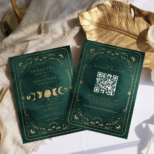 Emerald Green Gold Tarot Celestial QR Code Wedding Einladung