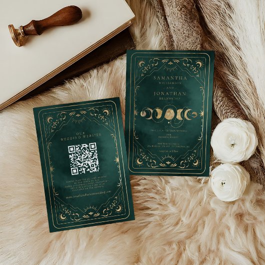 Emerald Green Gold Tarot Celestial QR Code Wedding Einladung