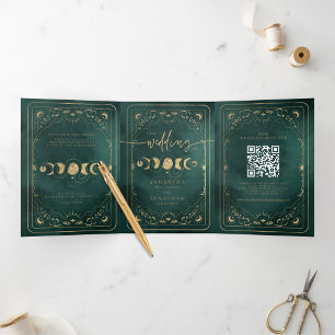 Emerald Green & Gold Tarot Celestial Wedding Dreifach Gefaltete Einladung