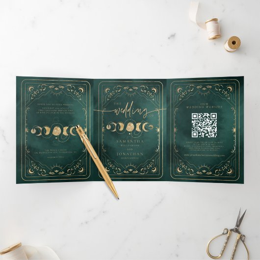 Emerald Green & Gold Tarot Celestial Wedding Dreifach Gefaltete Einladung