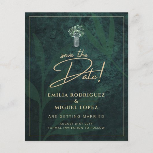 Emerald Green Gold Text Gypsophila Wedding Flyer (Vorne)