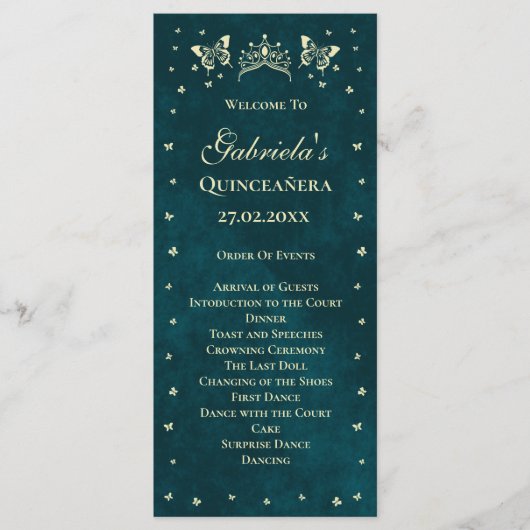 Emerald Green Gold Tiara Butterflies Quinceañera Programm (Vorderseite)