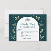 Emerald Green Gold Tiara Butterflies Quinceañera RSVP Karte (Vorderseite)