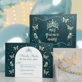 Emerald Green Gold Tiara Butterflies Quinceañera RSVP Karte