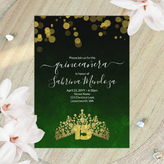 Emerald Green, Gold Tiara Quinceanera Einladung