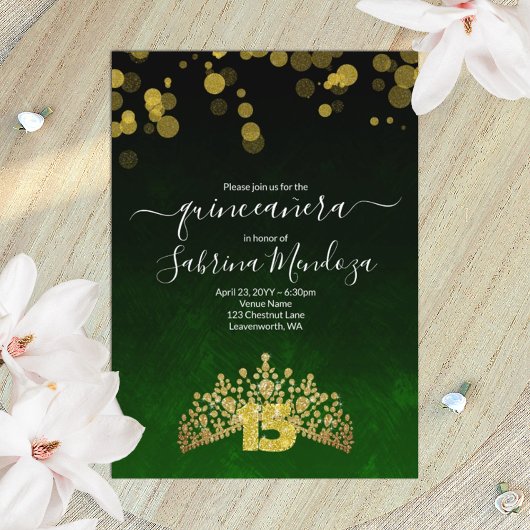 Emerald Green, Gold Tiara Quinceanera Einladung