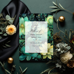 Emerald Green, Gold und Black Floral Wedding Einladung