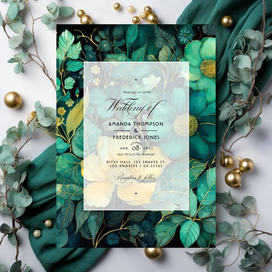 Emerald Green, Gold und Black Floral Wedding Einladung