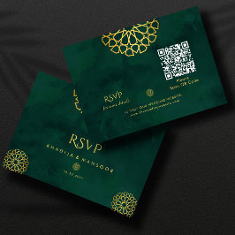 Emerald Green Gold Verziert QR Code Wedding RSVP Begleitkarte