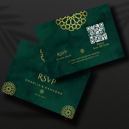 Emerald Green Gold Verziert QR Code Wedding RSVP Begleitkarte
