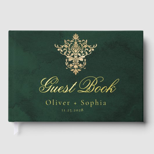 Emerald Green Gold Viktorianische Verzierte Hochze Gästebuch (Vorderseite)