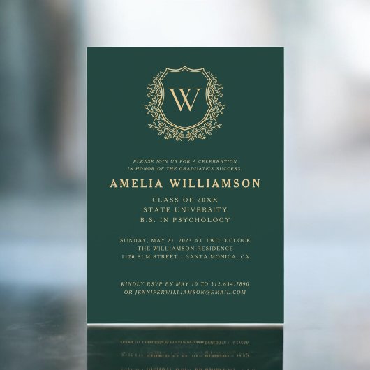 Emerald Green Gold Wappen Monogram Graduation Part Einladung