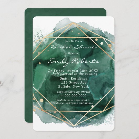 Emerald Green Gold Watercolor-Brautparty Einladung (Vorne/Hinten)