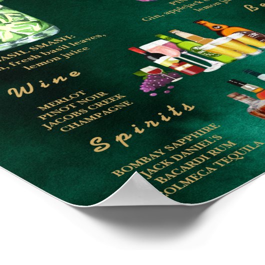  Emerald Green & Gold Wedding Bar Menu  Poster (Ecke)