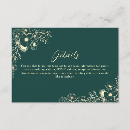 Emerald Green Gold Wedding Details Begleitkarte (Vorderseite)