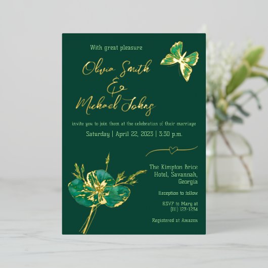 Emerald green gold Wedding Einladung (Stehend vorne)
