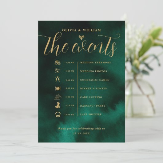 Emerald Green & Gold Wedding Order of Events Einladung (Stehend Vorderseite)