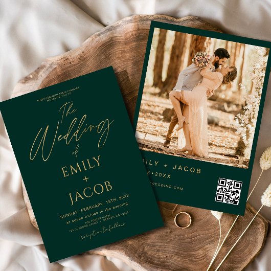 Emerald Green Gold Wedding QR Code Foto Einladung