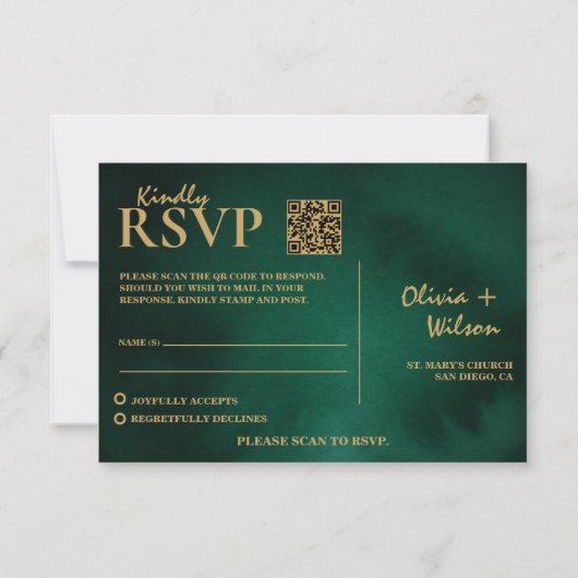 Emerald Green & Gold Wedding QR Code UAWG RSVP Karte (Rückseite)