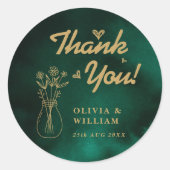 Emerald Green & Gold Wildflower Wedding Thank You Runder Aufkleber (Vorderseite)