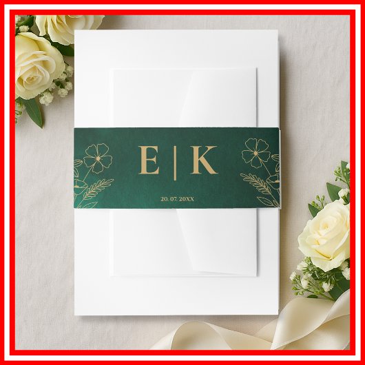 Emerald Green & Gold Wildflowers Monogram Wedding Einladungsbanderole