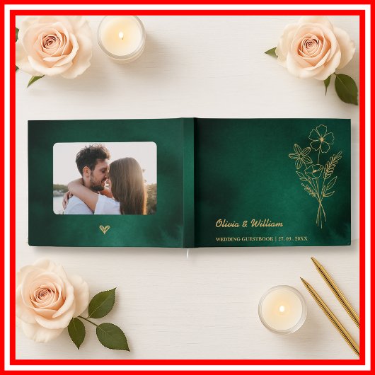 Emerald Green & Gold Wildflowers Wedding Gästebuch