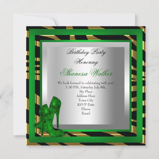 Emerald Green Gold Zebra Black High Heel Shoes Einladung (Rückseite)