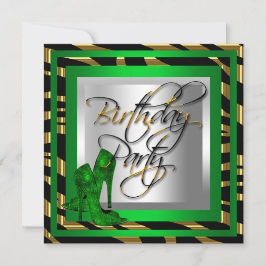 Emerald Green Gold Zebra Black High Heel Shoes Einladung (Vorderseite)