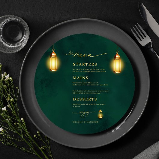 Emerald Green Golden Light Round Wedding Menu Card Einladung