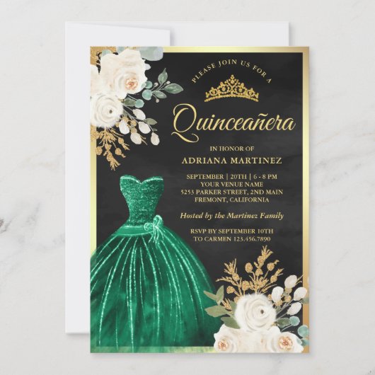 Emerald Green Gown Floral Black Gold Quinceanera Einladung (Vorderseite)