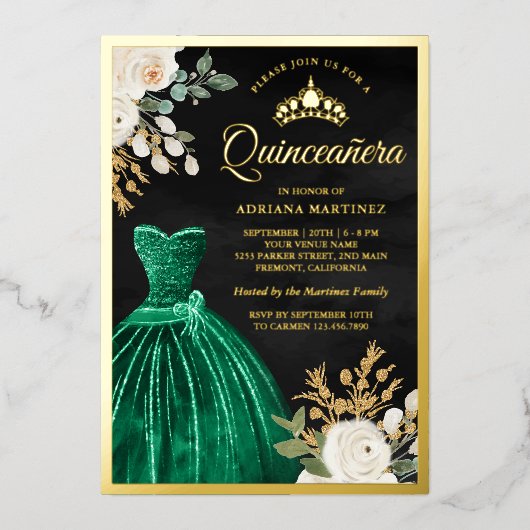 Emerald Green Gown Floral Black Quinceanera Gold Folieneinladung (Vorderseite)