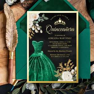 Emerald Green Gown Floral Black Quinceanera Gold Folieneinladung