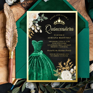 Emerald Green Gown Floral Black Quinceanera Gold Folieneinladung