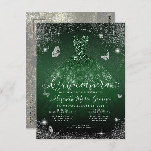 Emerald Green Gown Silver Foto Quinceanera Postkarte (Vorne/Hinten)