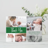 Emerald Green Gray Modern Foto Collage Birth Dankeskarte (Stehend Vorderseite)