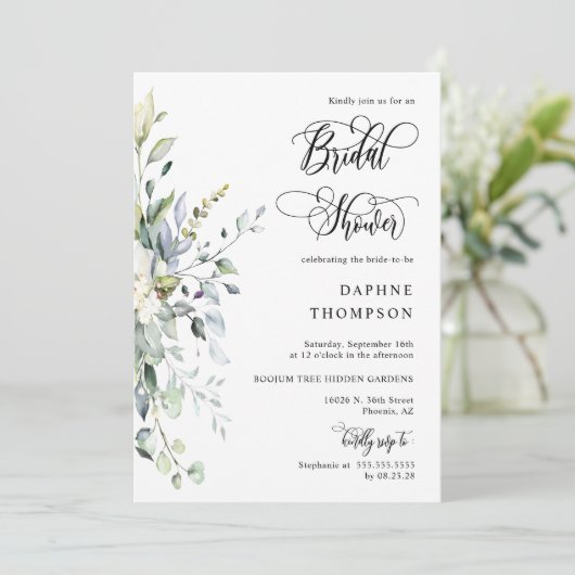 Emerald Green Greenery Brautparty QR Code Foto Einladung (Stehend Vorderseite)