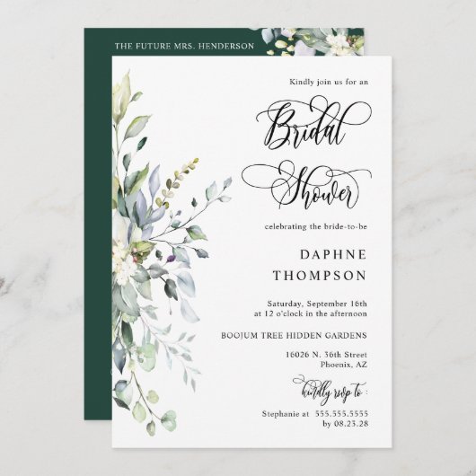 Emerald Green Greenery Brautparty QR Code Foto Einladung (Vorne/Hinten)