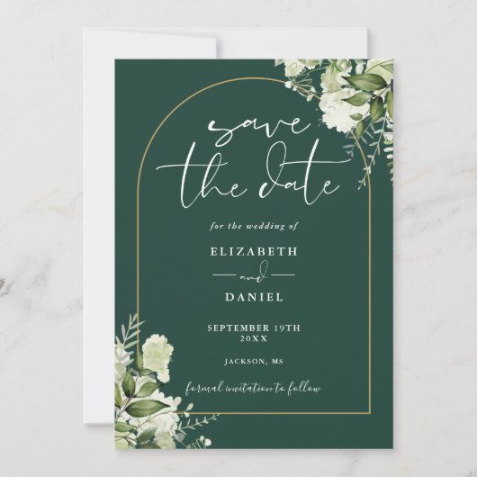 Emerald Green Greenery Gold Arch QR Code Wedding Save The Date (Vorderseite)