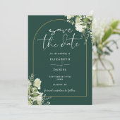 Emerald Green Greenery Gold Arch QR Code Wedding Save The Date (Stehend Vorderseite)