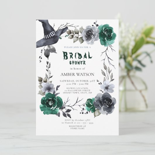 Emerald Green Halloween Fall Floral Brautparty Einladung (Stehend Vorderseite)