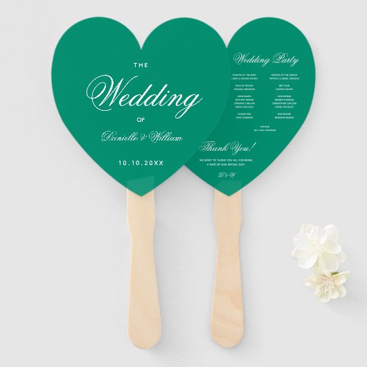 Emerald Green Heart Elegantes Script Wedding Progr Fächer (Vorne und Hinten)