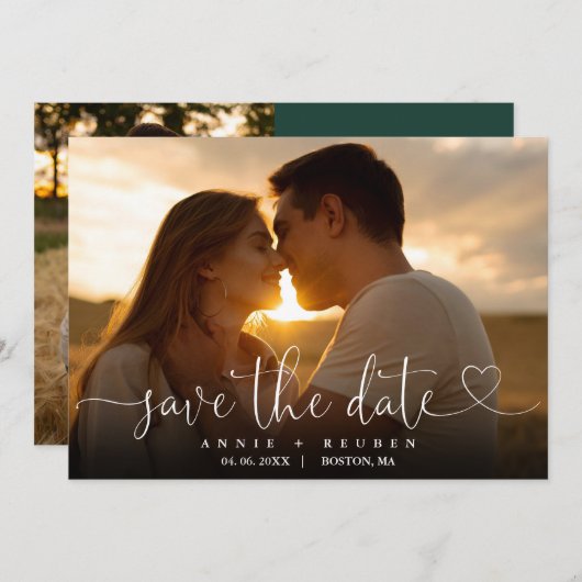 Emerald Green Heart Script Foto Hochzeitsskript QR Save The Date (Vorne/Hinten)