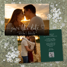 Emerald Green Heart Script Foto Hochzeitsskript QR Save The Date